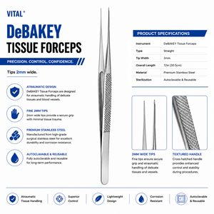 Puntas de Pinzas para Tejidos Vital DeBAKEY, 2 mm de Ancho, Longitud Total 12 pulgadas (30.5 cm), ZETOMEDPRO - Product Image 2