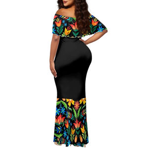 Robe longue mexicaine personnalisée à épaules dénudées, motif floral, style été, sans bretelles, avec manches plissées à volants - Product Image 3