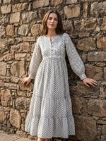 Robe longue bohème pour femme, imprimée à la main, tissée, taille naturelle, col en V, manches bouffantes, coupe trapèze, superposée, ample, 100 % coton respirant