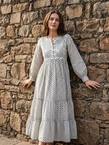 Robe longue bohème imprimée pour femme, taille naturelle, col en V, manches bouffantes, coupe trapèze étagée, ample, 100 % coton, tenue décontractée d'été - Product Image 2