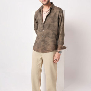 Camisa Casual de Lino y Algodón Marrón para Hombre, Manga Larga, Cuello Clásico, Transpirable, Color Sólido, Tejida, para Verano - Product Image 3
