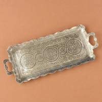 Plateau de service rectangulaire en argent gravé de luxe, style antique, pour hôtels et restaurants, vaisselle élégante en métal, vente en gros