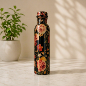Minimalist Black Metal <b>Water</b> <b>Bottle</b> with <b>White</b> Indian Artisianal Design Copper Lid Portable Travel Drinkware Modern Style - Product Image 3