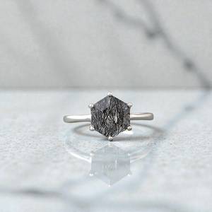 Black Rutilated <b>Quartz</b> Hexagon <b>Ring</b> 925 Sterling Silver IGI Certified Art Deco Engagement Promise Jewelry Gift for Women - Product Image 1