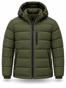 Men's Olive Green Hooded Puffer <b>Jacket</b> Waterproof Quick Dry Front Windproof Zipper Closure 100% Polyester Winter <b>Casual</b> Coat - Product Image 1