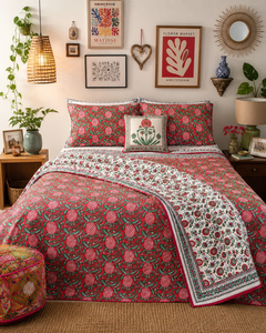 Juego de Edredón Reversible Hecho a Mano, para Todas las Estaciones, de Algodón Rojo, Ligero, de Lujo, Kantha, Ecológico, Orgánico, Estilo Boho, para el Hogar - Product Image 1