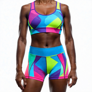 2 Piece Yoga Set High Waist Shorts Scoop Neck Racerback Crop Top Color Blocking Contrast Binding Seamless Breathable - Product Image 4