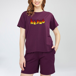 Women's Two Piece <b>Knitted</b> Cotton <b>Set</b> Loose Fit Crew Neck Short Sleeve T-Shirt With Flame Print And Shorts Solid Purple Casual - Product Image 1