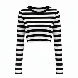 Custom women black white stripe <b>crop</b> T Shirt long sleeve lightweight soft cotton summer t shirt fashionable stylish <b>top</b> - Product Image 1