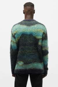 Custom LOGO Men 100% Cotton Fuzzy Jacquard Pattern Drop Shoulder <b>Pullover</b> <b>Jumper</b> Crew Neck Winter 260g Knitwear - Product Image 4