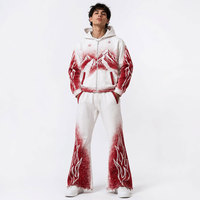 Ensemble de survêtement d'hiver respirant et délavé à imprimé flamme et crâne gothique, avec sweat-shirt à capuche zippé et pantalon de survêtement long, pour homme, style streetwear