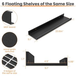 Set di 6 Mensole Galleggianti in Legno da 23,6 Pollici per Decorazione e Stoccaggio, Mensole Galleggianti per Parete Camera da Letto e Mensole Espositive - Product Image 2