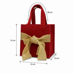 Red Dyed Laminated Jute Gift Bags with Lurex <b>Bow</b> 15x15x10 cm Small Festive Tote Custom Logo Wholesale Bulk OEM ODM Private Label - Product Image 3