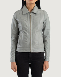 Blouson Bomber Femme Haute Performance en Cuir PU Gris, Manches Longues, Col Rabattu, Fermeture Éclair, Style Automne, Prix Bas - Product Image 1