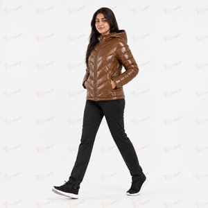 Chaqueta Acolchada Impermeable y Cortavientos para Mujer, Color Marrón, Ecológica, con Capucha, Manga Larga, de Poliéster, para Invierno, con Cierre de Cremallera - Product Image 2