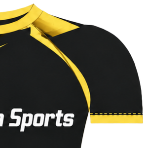 Maillot de compression athlétique à manches courtes noir et jaune doré, col ras du cou, motif éclair, pour entraînement de performance et sports de rame - Product Image 4