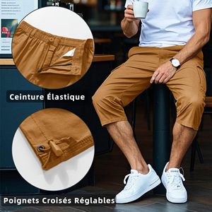 Pantalones Cortos Cargo Capri para Hombre, Color Marrón Sólido, Lona de Poliéster, Cintura Media Elástica, Estilo Casual, Tejido Transpirable de Secado Rápido - Product Image 3