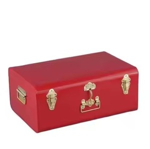 Red Metal Storage Trunk <b>Box</b> Rectangle Vintage Style Glossy Finish Buckle Cover Type Multifunctional Home Trunk <b>Box</b> For Cloths - Product Image 1
