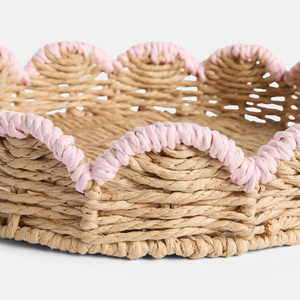 Round Seagrass Storage Tray With Scallop Pink Trim Bohemian Style Decorative <b>Basket</b> For <b>Table</b> Organization - Product Image 2