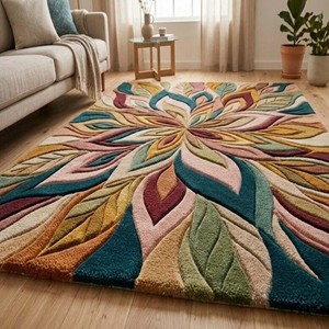 Alfombra Moderna Artística con Diseño Floral, Alfombra de Lana Hecha a Mano, Alfombra Vibrante con Motivos Botánicos para Sala de Estar, Dormitorio, Decoración del Hogar - Product Image 4