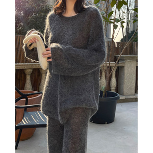 Nouvel ensemble décontracté deux pièces en maille mohair translucide coréen ample et taille haute pour femme, collection automne - Product Image 3