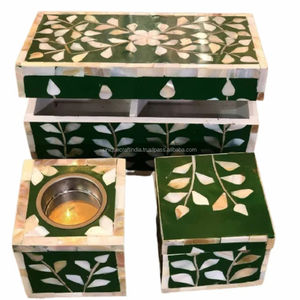 Ensemble de plateaux noirs à motifs floraux incrustés de nacre avec porte-encens haut et boîte de rangement, décoration élégante faite à la main - Product Image 6