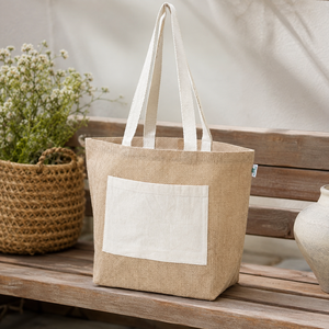 Bolsa de Compras de Yute Natural con Bolsillo Frontal de Algodón, Logotipo Personalizado, Reutilizable, Promocional, Venta al por Mayor, OEM, Marca Privada - Product Image 6