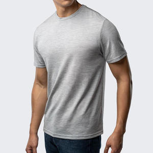 T-shirts personnalisés pour hommes en gris chiné, décontractés, respirants, en polyester et coton, coupe ajustée, col rond, vierges, pour le sport et la gym, vente en gros - Product Image 1