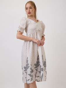 Vestido Midi Floral Blanco de Lujo, en Tendencia y de Gran Venta, para Mujer, Formal, con Mangas Acampanadas, Cintura Natural, Ecológico, para Fiestas - Product Image 4