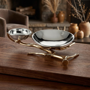 Elegante Centro de Mesa de Metal de 2 Niveles para Aperitivos, Plato con Pedestal Plateado Hecho a Mano con Base Dorada Botánica para Decoración de Bodas y Fiestas - Product Image 2