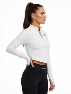 ONETEN APPAREL <b>Women</b> <b>White</b> Half Zip Yoga Jacket <b>Long</b> <b>Sleeve</b> Crop <b>Top</b> Breathable Athletic Front Logo - Product Image 6