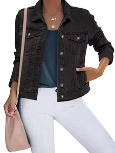 Chaqueta vaquera básica de mujer con hebilla elástica, ajuste ceñido, manga larga, estilo motociclista, para otoño/invierno, informal, tipo bomber universitaria, con logo, cortavientos - Product Image 6