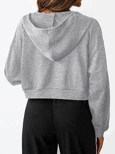 Women's <b>Cropped</b> <b>Zip</b>-<b>Up</b> Hoodie French Terry Fleece Casual Hooded Sweatshirt - Product Image 6