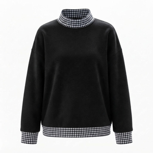 Custom <b>Women's</b> Black Pullover <b>Sweatshirt</b> with Black <b>White</b> Checkered Collar and Cuffs Wholesale Manufacturer - Product Image 1
