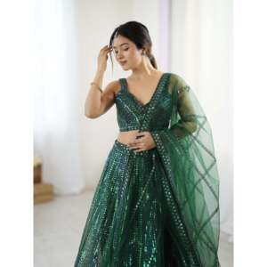 Rainbow <b>Sequins</b> A-Line Lehenga Choli with Dori Work Natural Waistline Crop <b>Top</b> Perfect Party Wear - Product Image 3