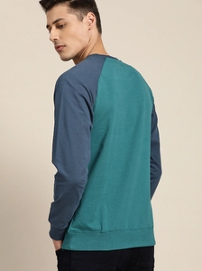 Sweat-shirt à col rond pour homme, manches raglan, couleur turquoise, coupe classique, tricoté, 100% coton, pull décontracté, couleur unie, automne - Product Image 2