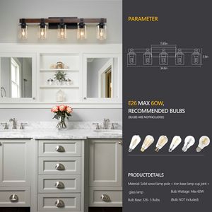 Lampada da Parete Rustica a 5 Luci Stile Fattoria Moderna, Applique Industriale da Bagno da 35 Pollici con Paralumi in Vetro, Illuminazione per Specchio da Bagno in Legno - Product Image 6