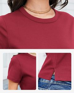 T-shirt décontracté pour femme, col rond, manches courtes, coupe classique, tricoté, couleur unie, bordeaux, toutes saisons - Product Image 4