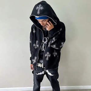 Sweat à capuche surdimensionné pour homme avec strass, 100% coton épais, style streetwear, coupe courte - Product Image 6