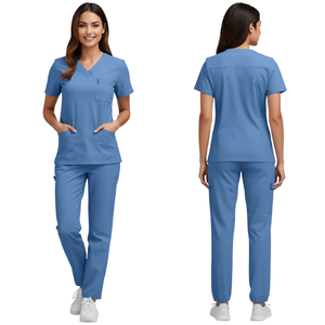 Ensemble d'uniformes médicaux extensibles bleu ciel pour femmes, col en V confortable, vêtements professionnels pour le personnel de santé - Product Image 1