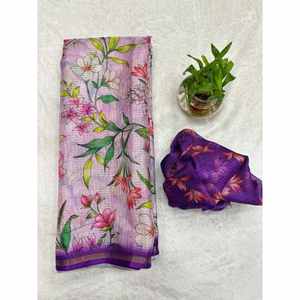 DESIGNER KOTA DORIA KALAMKARI FLORAL PRINT WITH ZARI PATTA BORDER WORK <b>SAREE</b> WITH UNSTITCHED BLOUSE <b>PURPLE</b> - Product Image 1