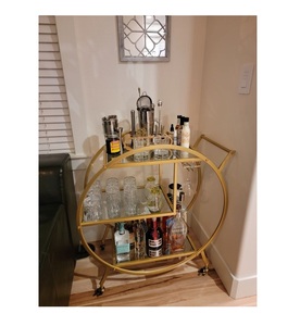 Circular Gold Bar Cart with Wine <b>Rack</b> 2 Tier Glass Rolling <b>Drink</b> Trolley with Stemware Hanger And Lockable Wheels - Product Image 3