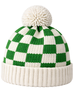 Gorro de Punto Personalizado a Cuadros Verde y Blanco, Gorro de Invierno Cálido con Pompón, Gorro de Punto Grueso Unisex, Gorro con Logo Personalizado, Proveedor OEM - Product Image 1