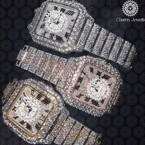Charm Jewellis Luxury Men's <b>Diamond</b> Encrusted Square <b>Watch</b> Stainless Steel Analog Quartz Folding Clasp 38mm - Product Image 6