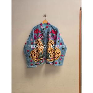 Hand Embroidered Cotton <b>Jacket</b> With Tiger And Floral <b>Pattern</b> Mandarin Collar Autumn Wear - Product Image 3