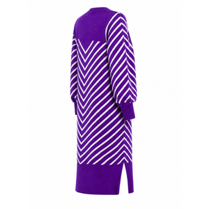 Cárdigan largo con frente abierto para mujer NCNW, suéter morado con rayas blancas, puños acanalados, bordado y aberturas laterales - Product Image 4