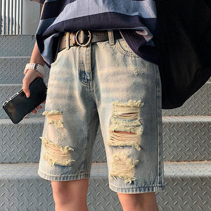 Nouveaux shorts en jean délavé pour hommes, coupe droite, respirants, 100 % coton, style vintage, effet usé - Product Image 2