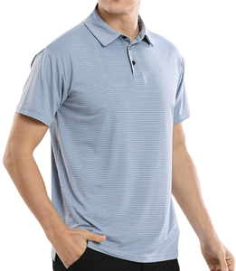 เสื้อโปโลแขนสั้นผู้ชายลายทางถักนิตติ้งลำลองสีน้ำเงินทรงปกติ - Product Image 2