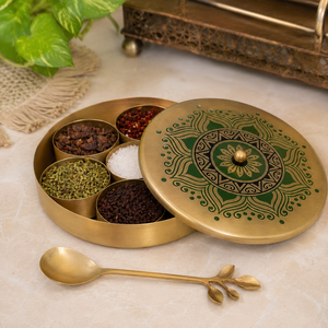 Brass Masala <b>Box</b> with 5 Compartments & Spoon Handmade Indian Spice Storage Container Kitchen Organizer for <b>Herbs</b>, Seasonings - Product Image 3