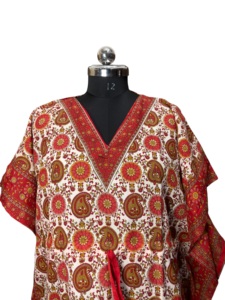 Robe Kaftan Longue en Coton Ethnique Imprimé Paisley Floral pour Femme, Col en V, Cordon de Serrage, Paréo de Plage, Vente en Gros - Product Image 3
